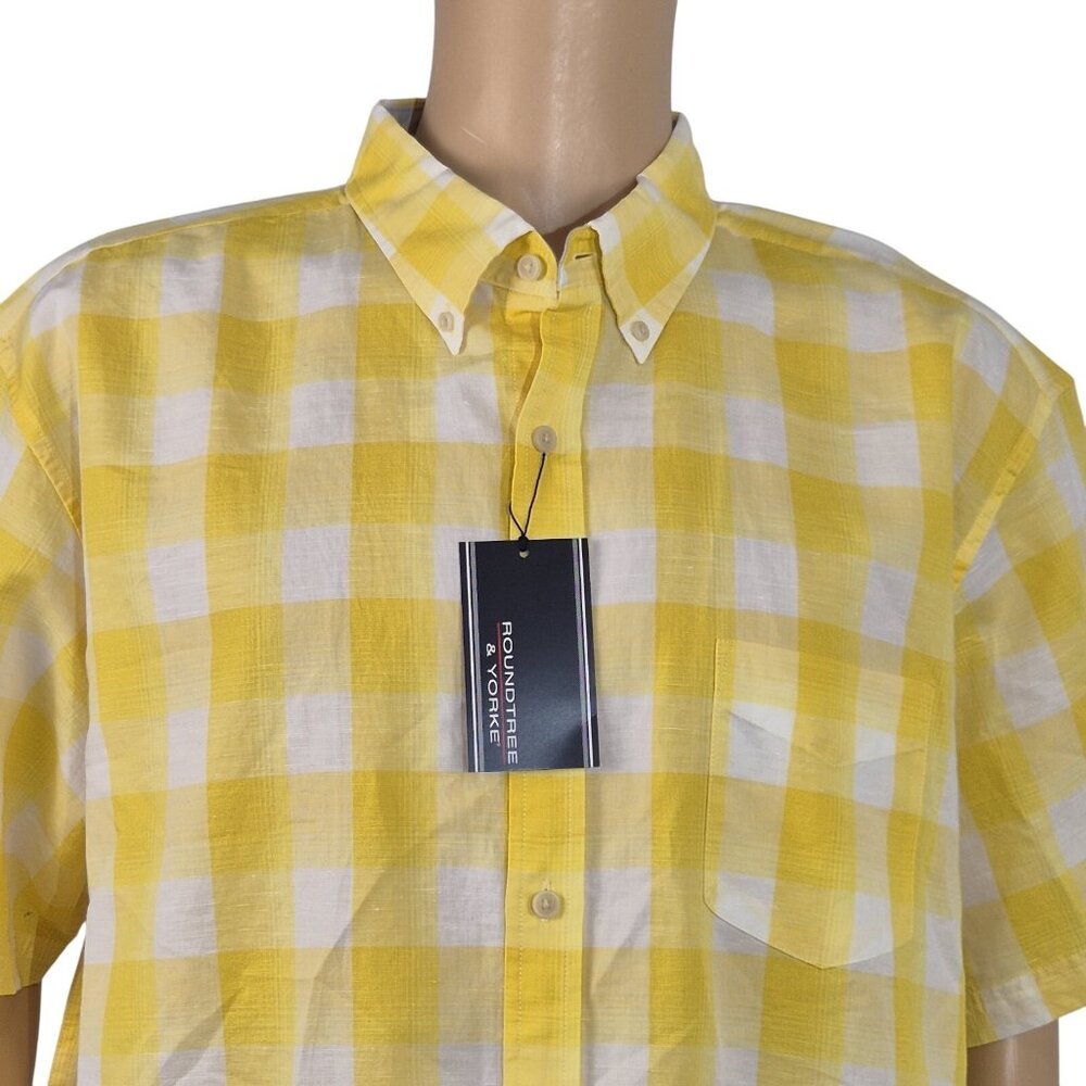 Roundtree Yorke Men's Shirt Size XXL Plaid Short Sleeve Linen Blend Yellow (42)
